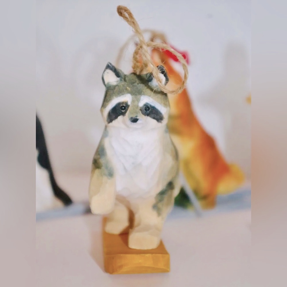 WISTERIA Rustic Hand Carved Wooden Raccoon Christmas Ornament - Snow Critters